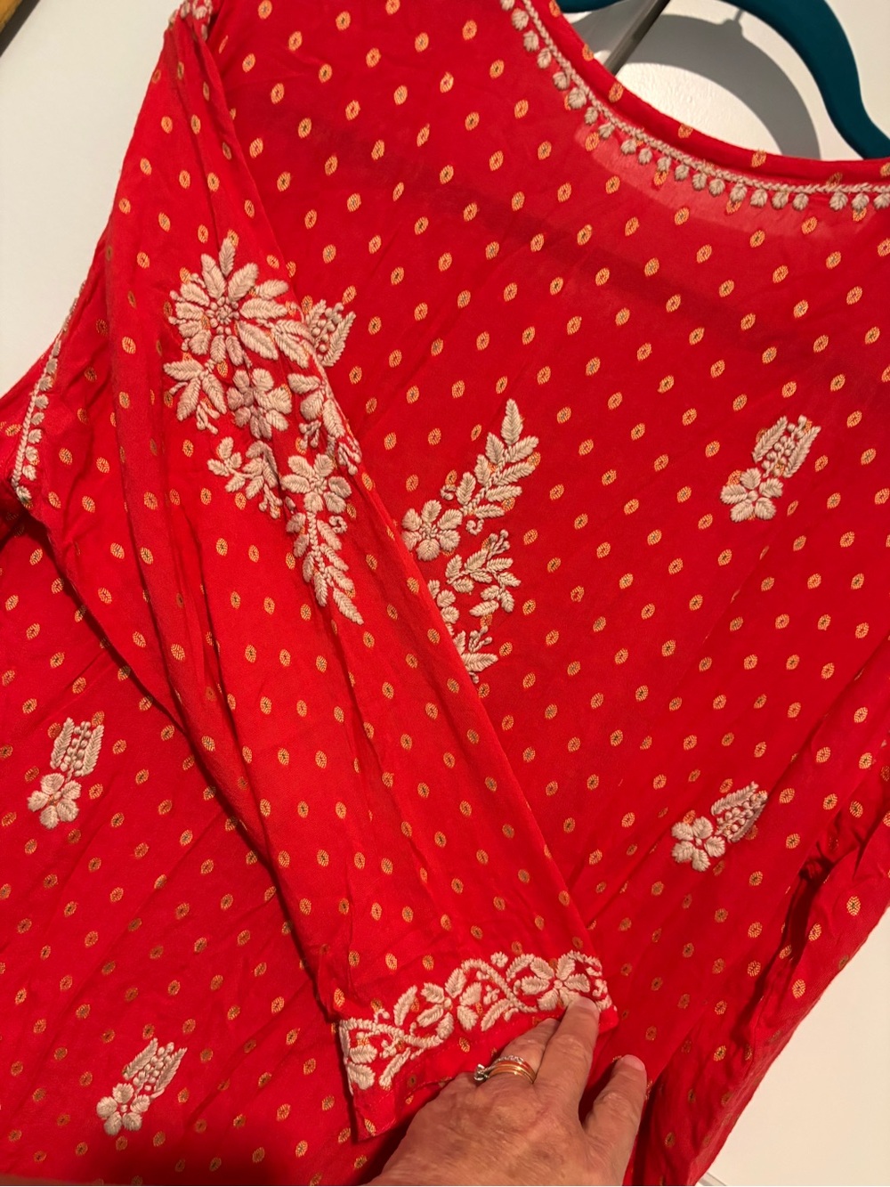 Johnny Was Type Red Tunic Top with Cream Floral Embroidery - Picture 5 of 11